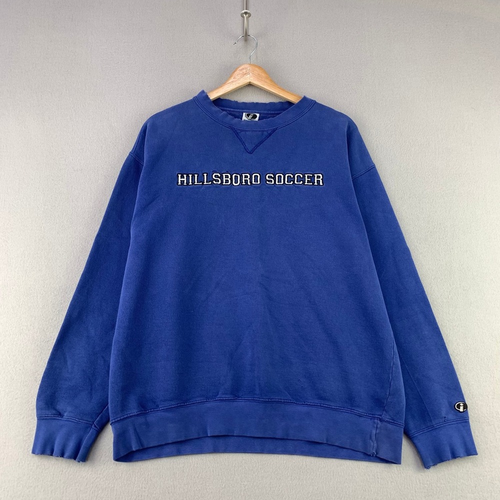 Vintage 90s Hillsboro Soccer Crewneck Mens M Blue Graphic Pullover Sweatshirt